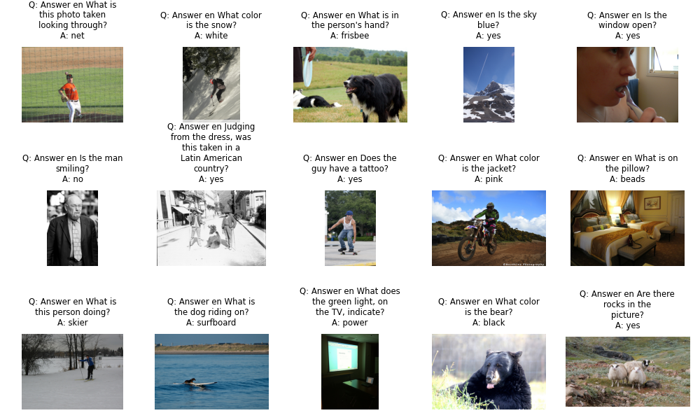 VQA images, questions, and model answers. The images are diverse real-life images, and the questions are short open- and closed-ended questions. Note that the questions are formatted in the PaliGemma2 QA format (“Answer en ”).